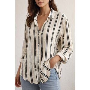 Academy Linen Blend Striped Long Sleeve Button-Up Shirt Cream Blue Large